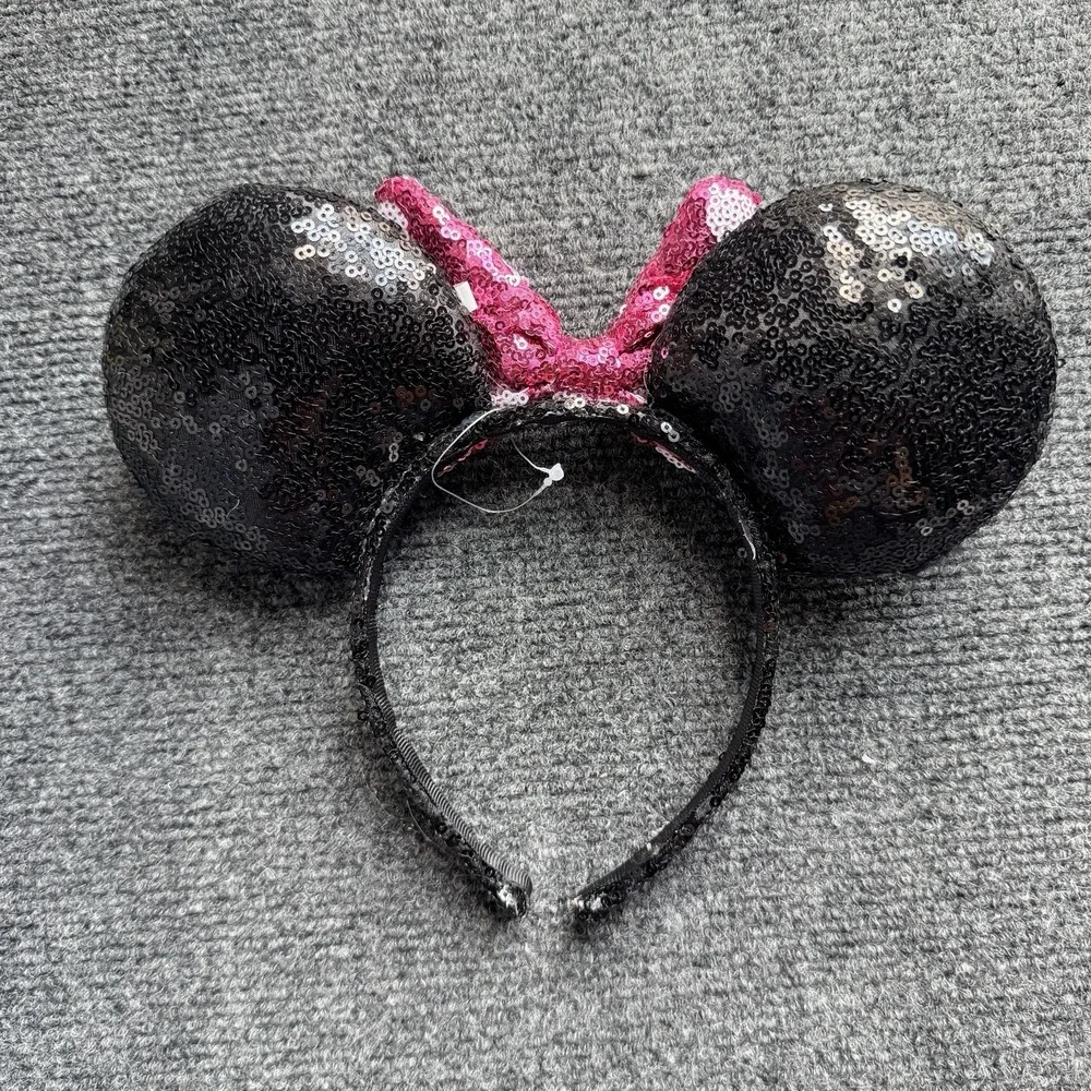 Disney Sequin Minnie Mouse Ears with Polka Dot Hot Pink Bow Headband NEW